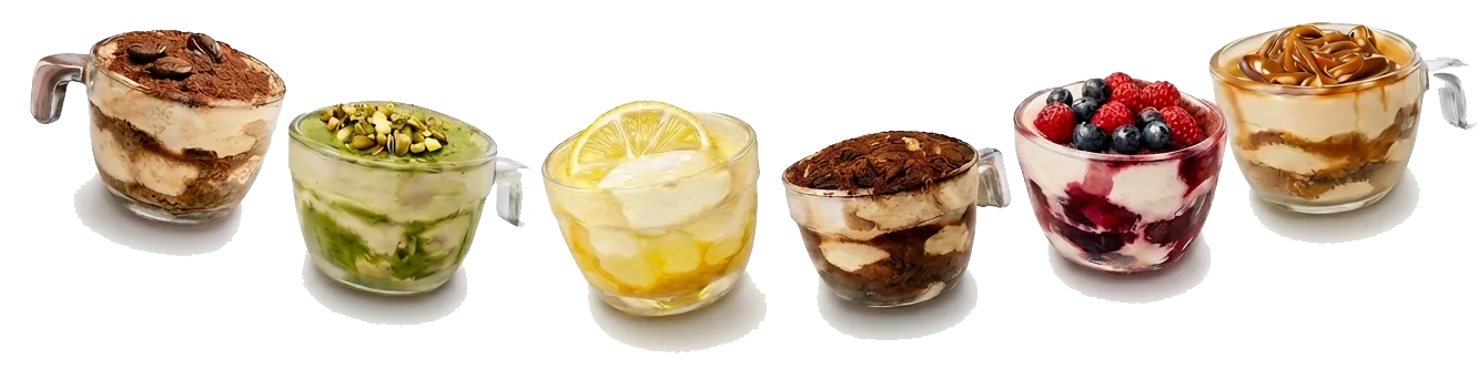 Six tiramisus artisanaux Esalta en verrines : classique, pistache, citron, chocolat, fruits rouges et caramel