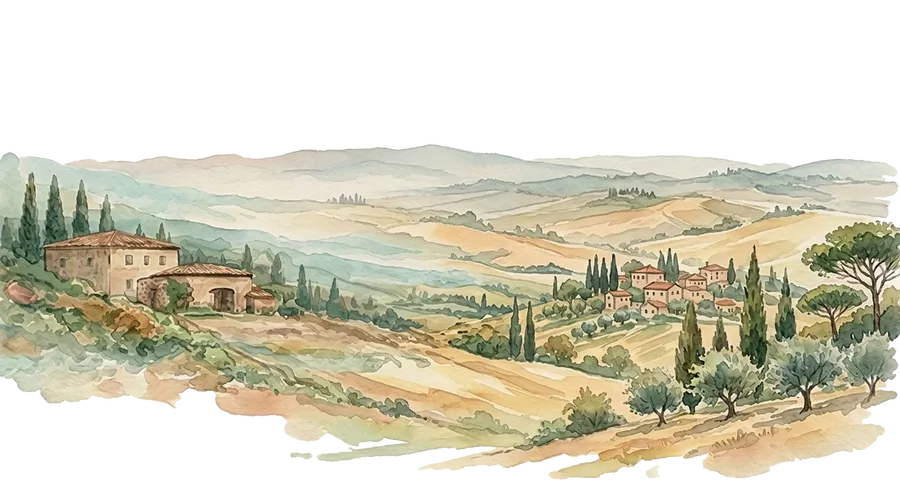 Illustration à l'aquarelle d'un paysage de Toscane