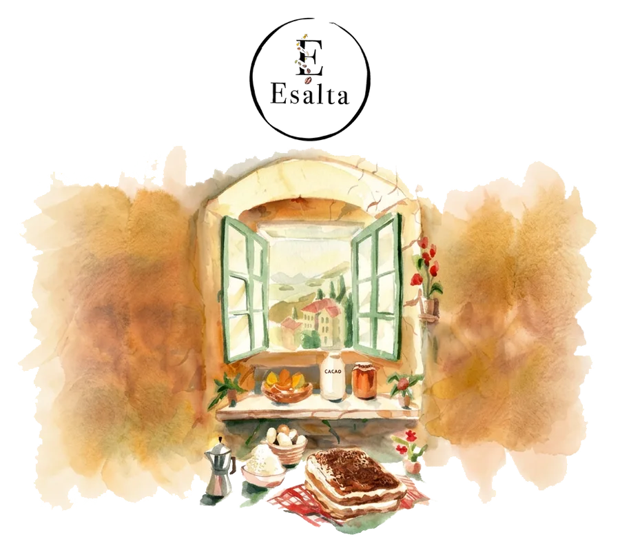 Illustration à l'aquarelle : fenêtre italienne, cafetière et tiramisu fait maison